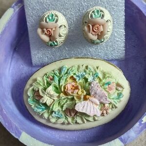 2-pc lot of Porcelain Flower Earrings & Brooch
